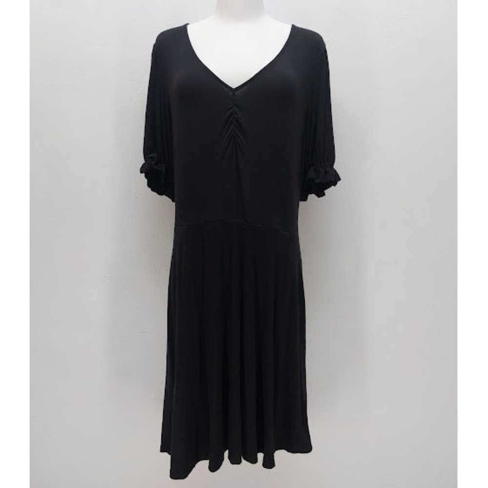 Boden Jersey Dress Women's 10R Black V-Neck Ruched Ruffle Sleeve Ecovero Midi